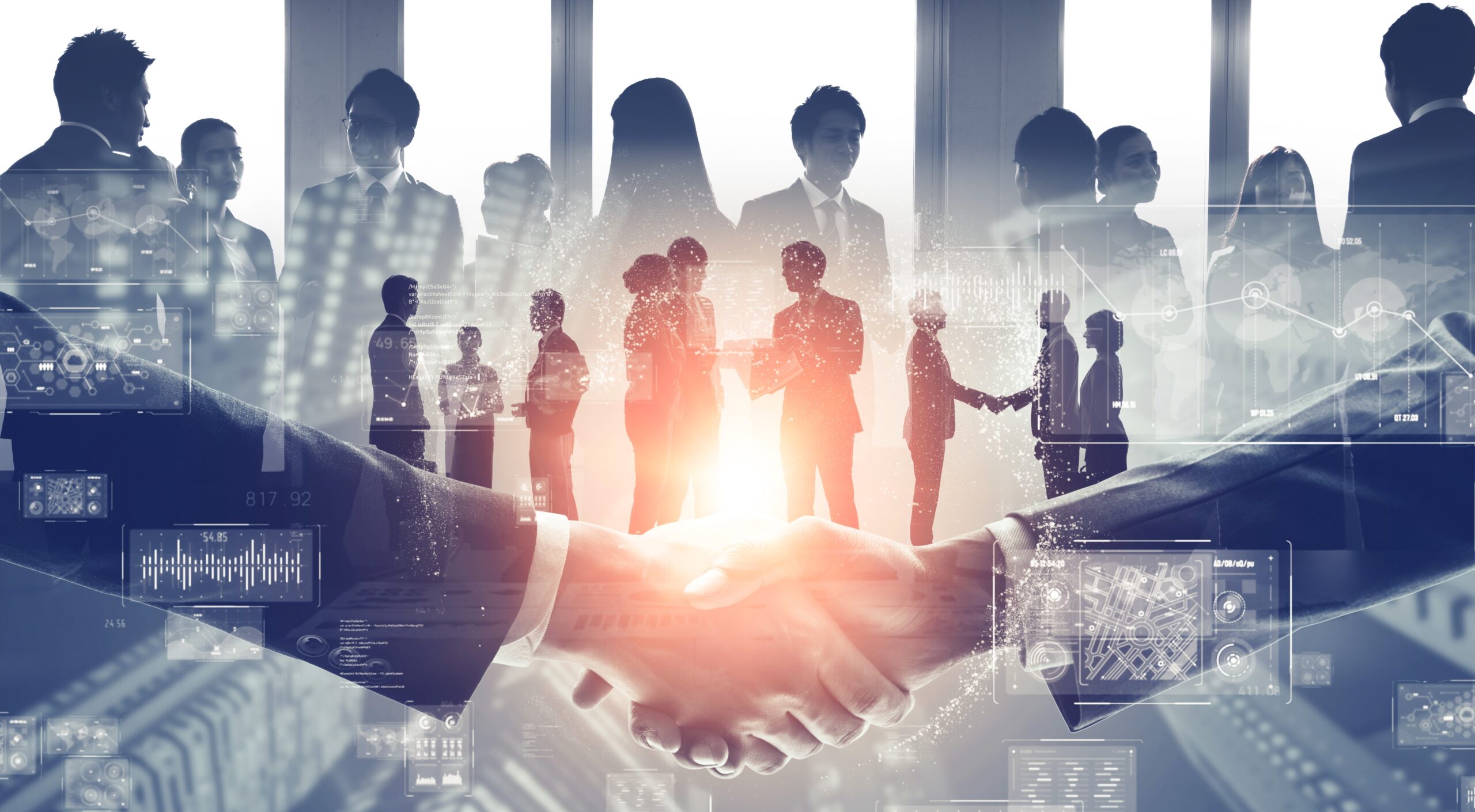 Image of two people shaking hands with an opaque background of people networking